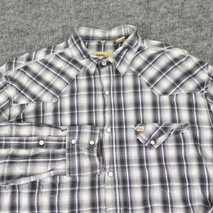 Larry Mahan‎ Pearl Snap Shirt Mens Large Gray Plaid Long Sleeve Western Cowboy
